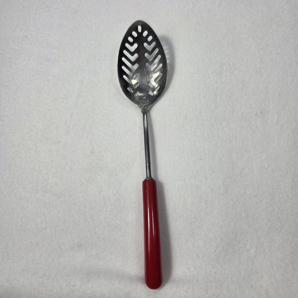 Vintage EKCO Slotted Serving Spoon – Mid-Century Red Plastic Handle Made in USA